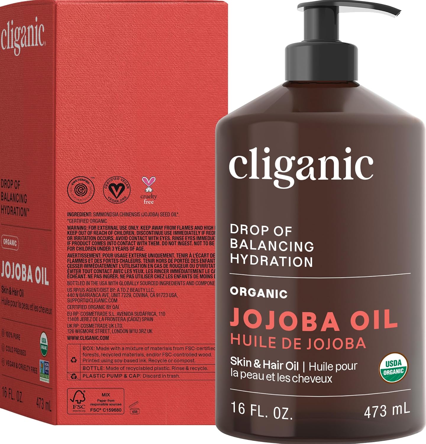 Cliganic Organic Jojoba Oil, 100% Pure Cold Pressed for Face & Hair, 4oz
