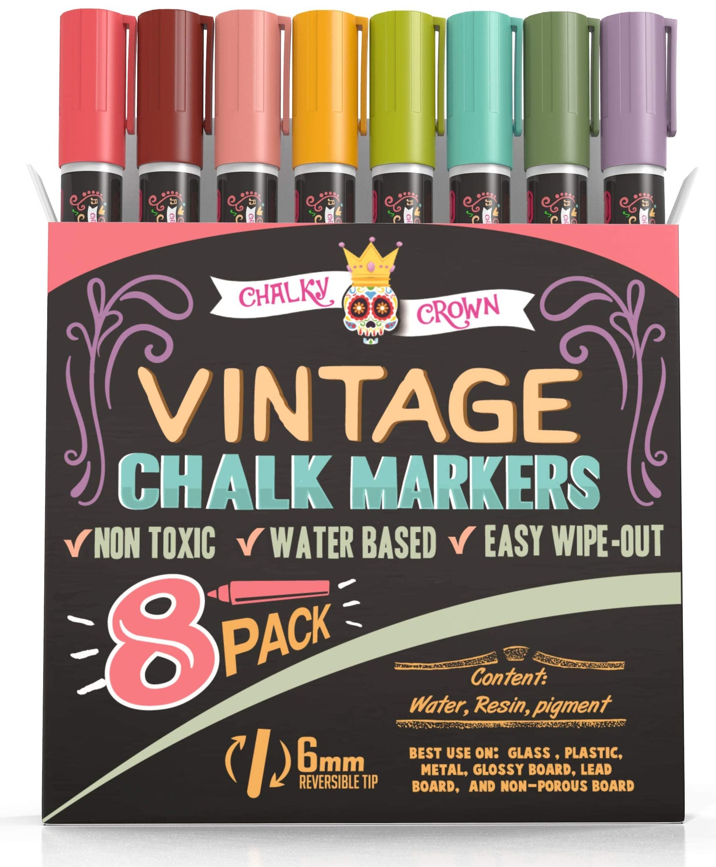 CHALKY CROWN Liquid Chalk Markers - Bold Chalkboard Markers - 8 Pack, 6mm