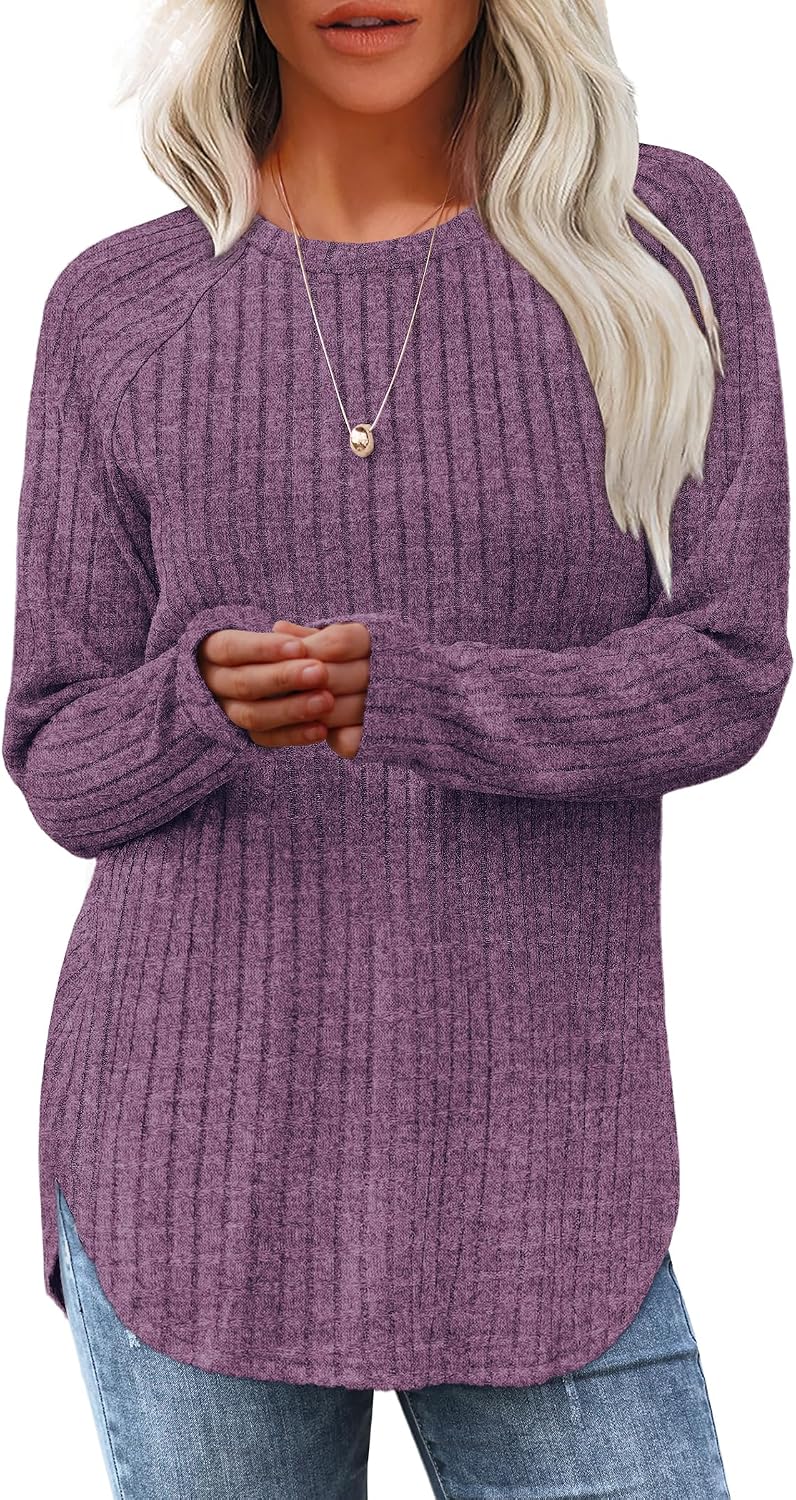 Saloogoe Long Sleeve Shirts for Women 2026 Fall Clothes Tunic Tops Loose Fit Dressy Crewneck Pullover Sweaters Curved Hem
