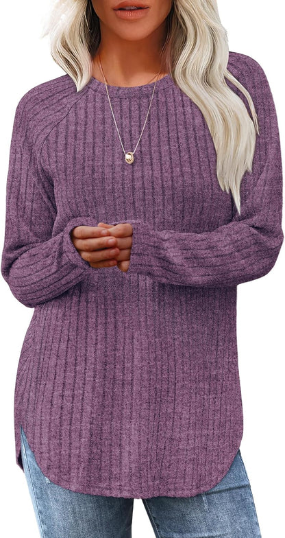 Saloogoe Long Sleeve Shirts for Women 2026 Fall Clothes Tunic Tops Loose Fit Dressy Crewneck Pullover Sweaters Curved Hem