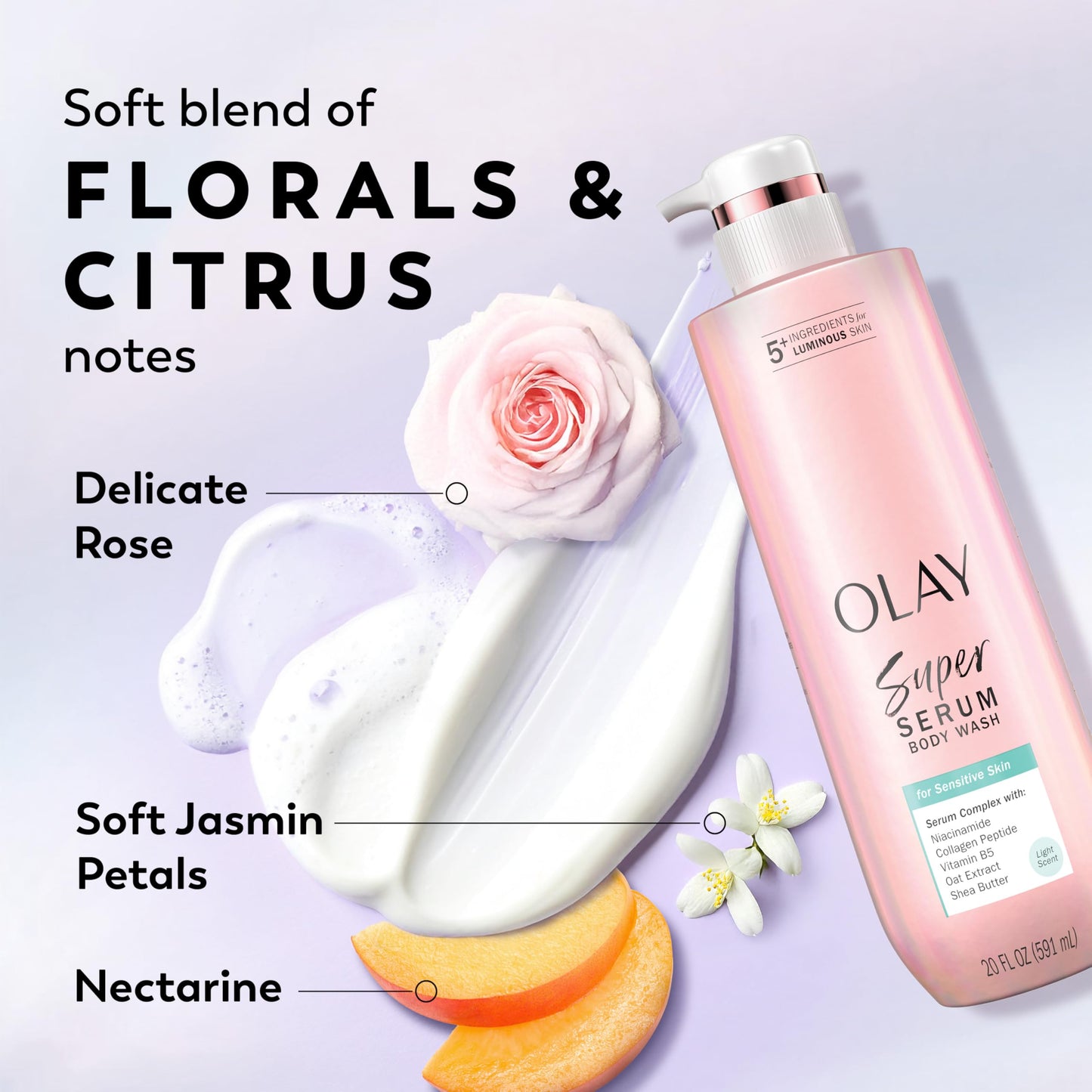 Olay Super Serum Body Wash for Extra Dry Skin, 24hr Long Lasting Rich Hydration, 5+ Ingredient Complex for Bright, Even, Firm, & Luminous Skin, with Collagen Peptide, Vitamin C & Shea Butter, 20 fl oz