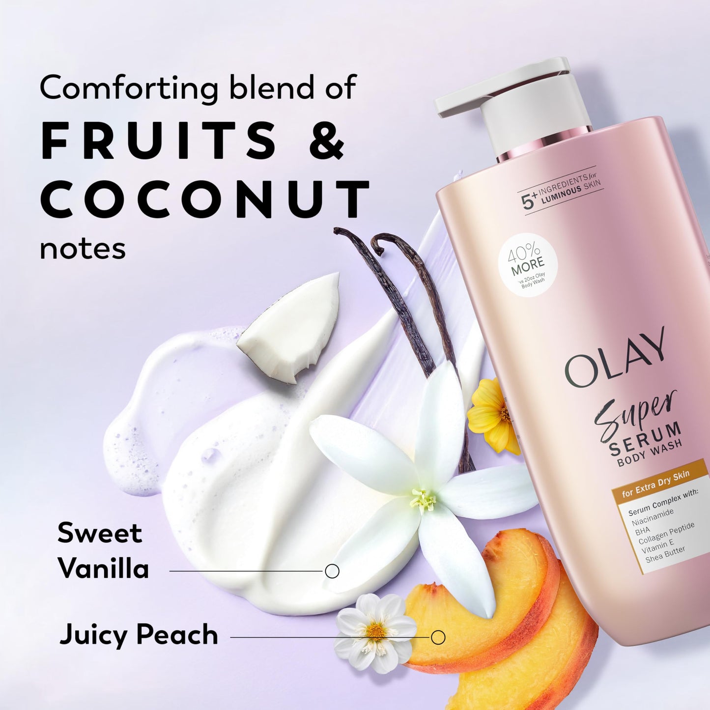 Olay Super Serum Body Wash for Extra Dry Skin, 24hr Long Lasting Rich Hydration, 5+ Ingredient Complex for Bright, Even, Firm, & Luminous Skin, with Collagen Peptide, Vitamin C & Shea Butter, 20 fl oz