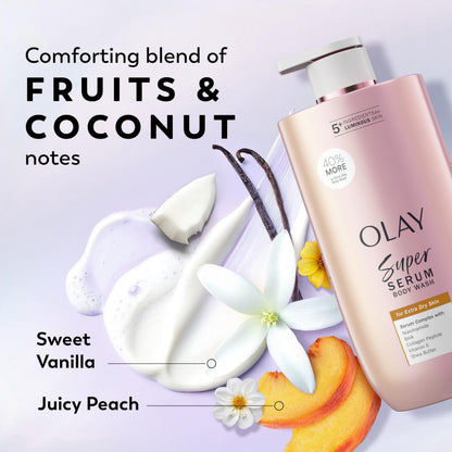 Olay Super Serum Body Wash for Extra Dry Skin, 24hr Long Lasting Rich Hydration, 5+ Ingredient Complex for Bright, Even, Firm, & Luminous Skin, with Collagen Peptide, Vitamin C & Shea Butter, 20 fl oz