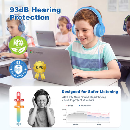 AILIHEN I35 Kids Headphones for School with Mic, 93dB Safe Volume, Orange