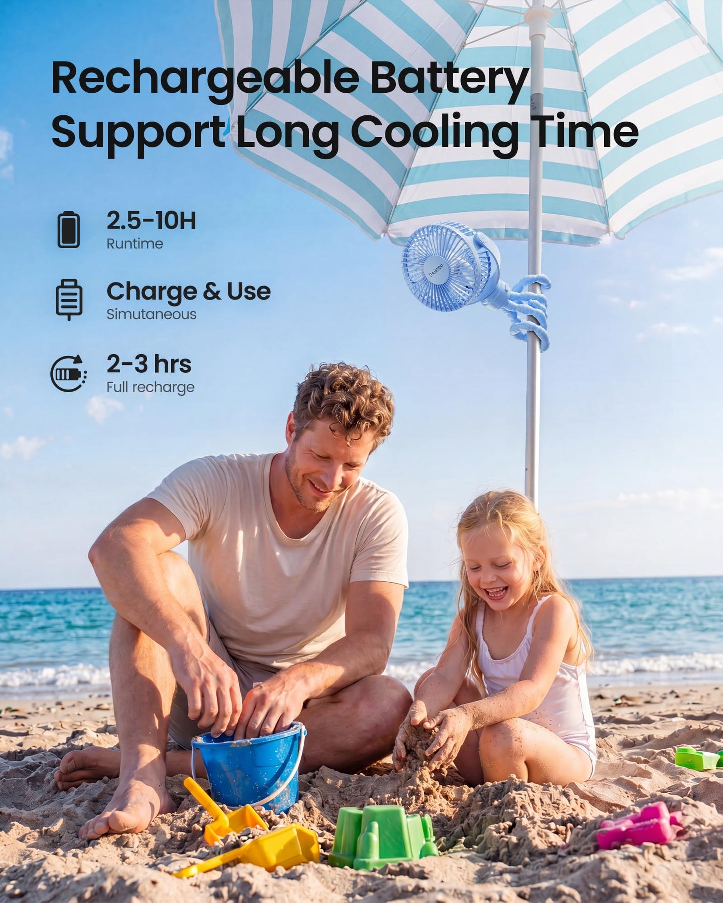 Gaiatop Mini Portable Stroller Fan, Small Clip on Fan 3 Speed Rechargeable
