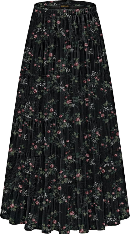NASHALYLY Women's Chiffon Elastic High Waist Pleated A-Line Maxi Skirts