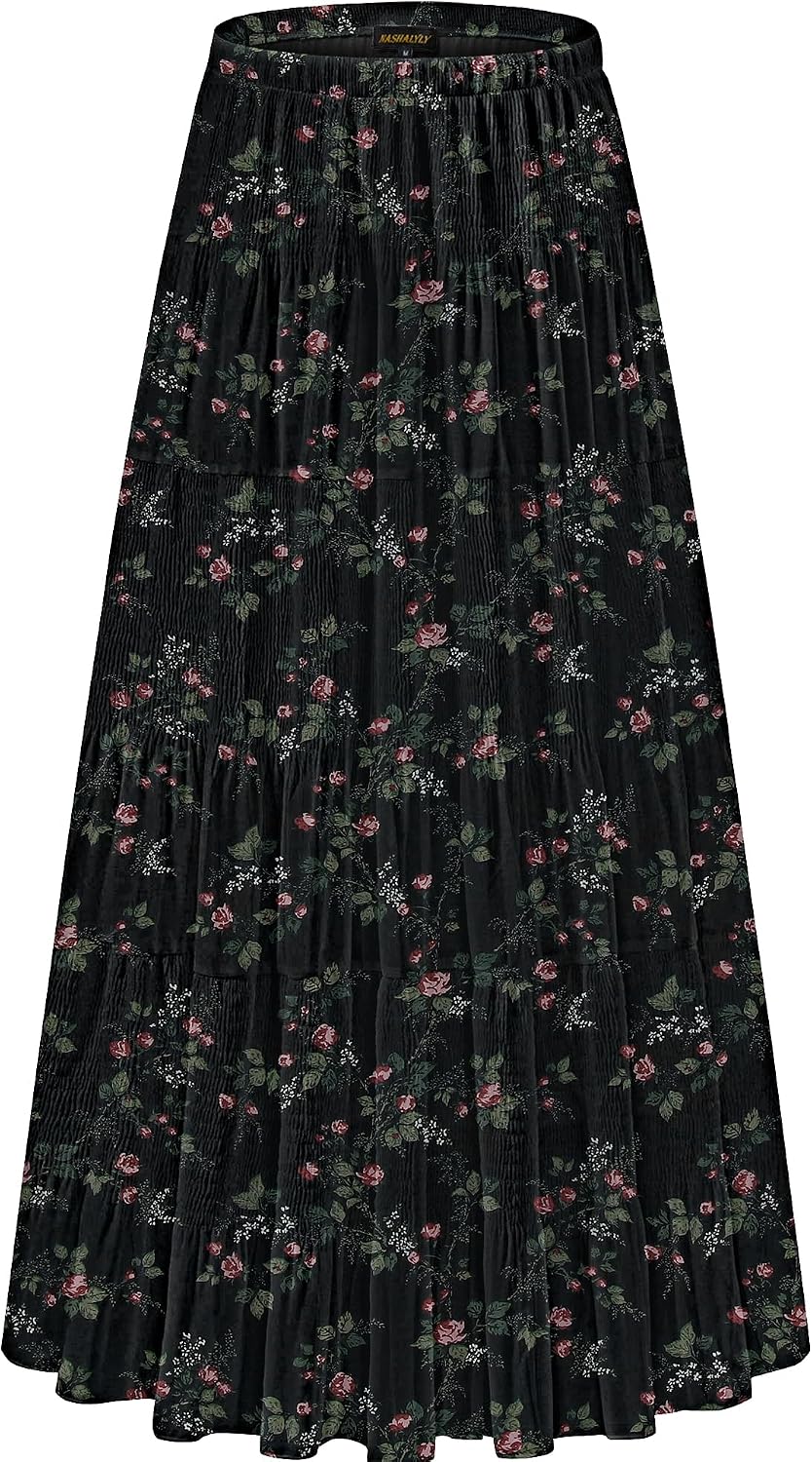 NASHALYLY Women's Chiffon Elastic High Waist Pleated A-Line Maxi Skirts