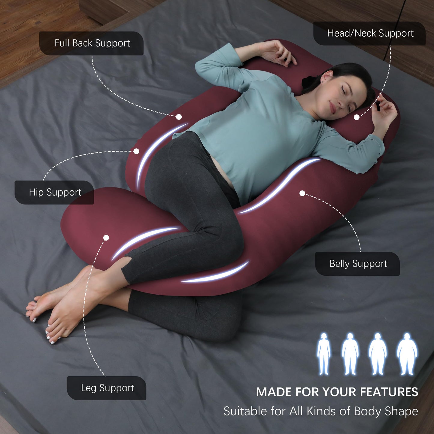MOON PARK Pregnancy Pillows for Sleeping - U Shaped Full Body Maternity Pillow with Removable Cover - Support for Back, Legs, Belly, HIPS - 65 Inch - Aquamarine