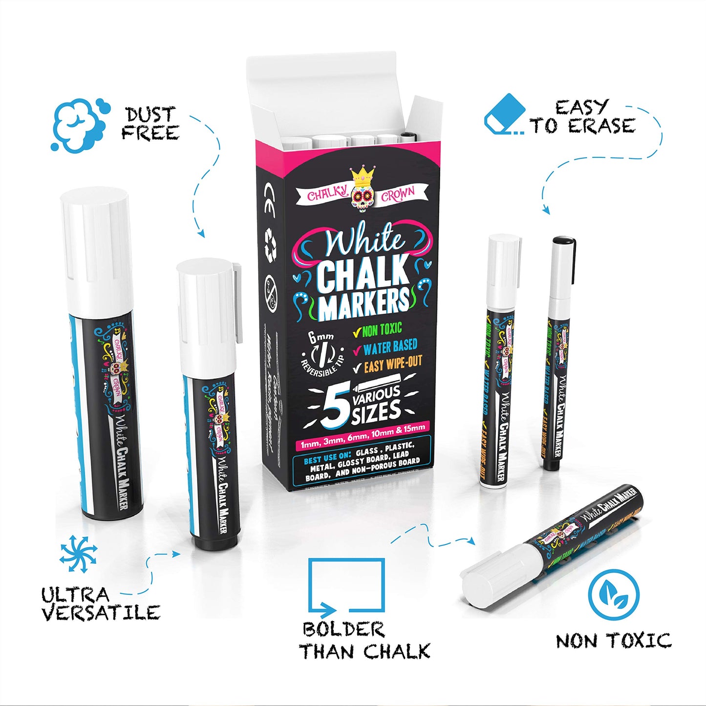 CHALKY CROWN Liquid Chalk Markers - Bold Chalkboard Markers - 8 Pack, 6mm