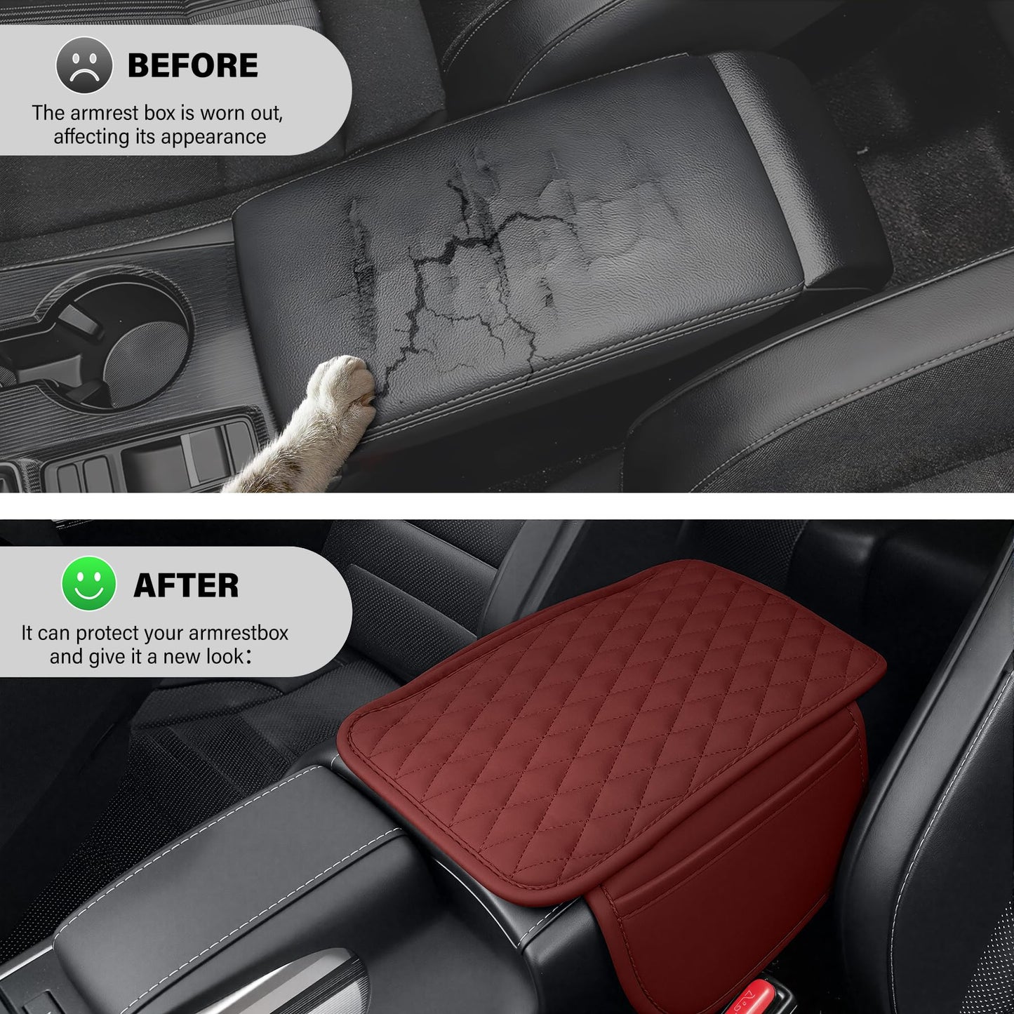 Amiss Car Center Console Cover, Upgraded Leather Car Armrest Cushion with 2 Storage Pockets, Universal Waterproof Cushion Pad, Non-Slip Car Interior Accessories, Fits Most Sedans SUVs Trucks (Black)