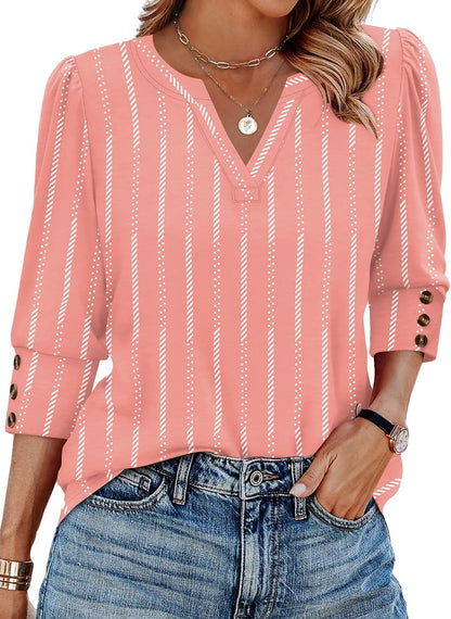 WIHOLL 3/4 Length Sleeve Womens Tops with Button Cuffs Dressy Casual V Neck Summer Outfits Early Fall Fashion Spring Clothes