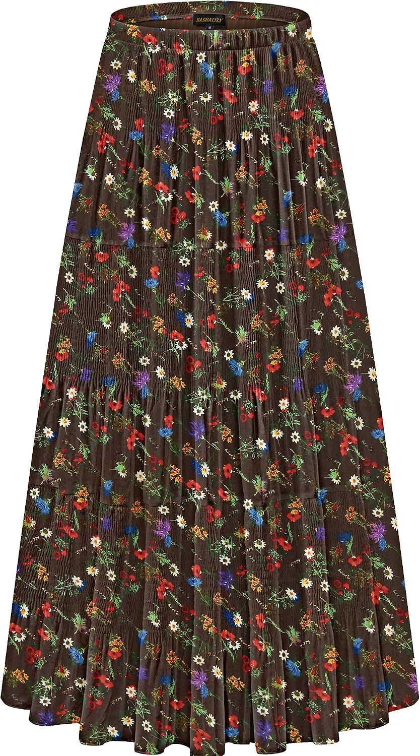 NASHALYLY Women's Chiffon Elastic High Waist Pleated A-Line Maxi Skirts