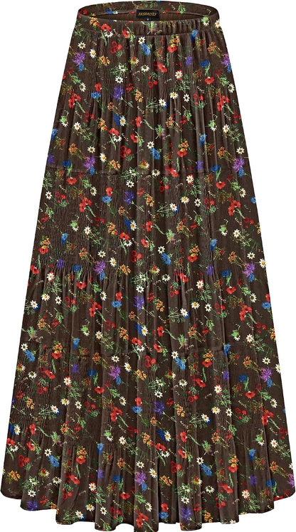 NASHALYLY Women's Chiffon Elastic High Waist Pleated A-Line Maxi Skirts