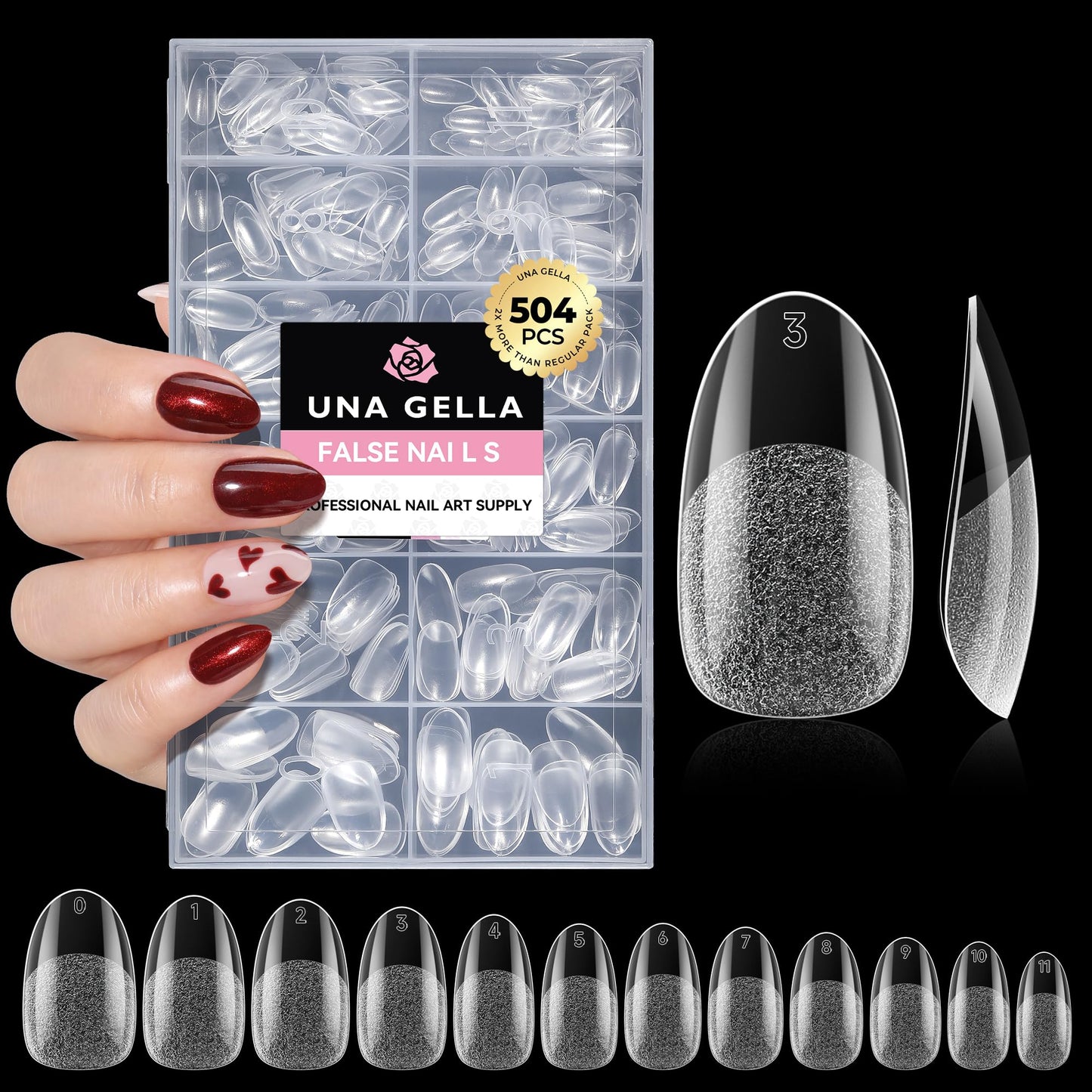 UNA GELLA 504Pcs Medium Pointed Almond Nail Tips, X-Soft Almond Gel Nails