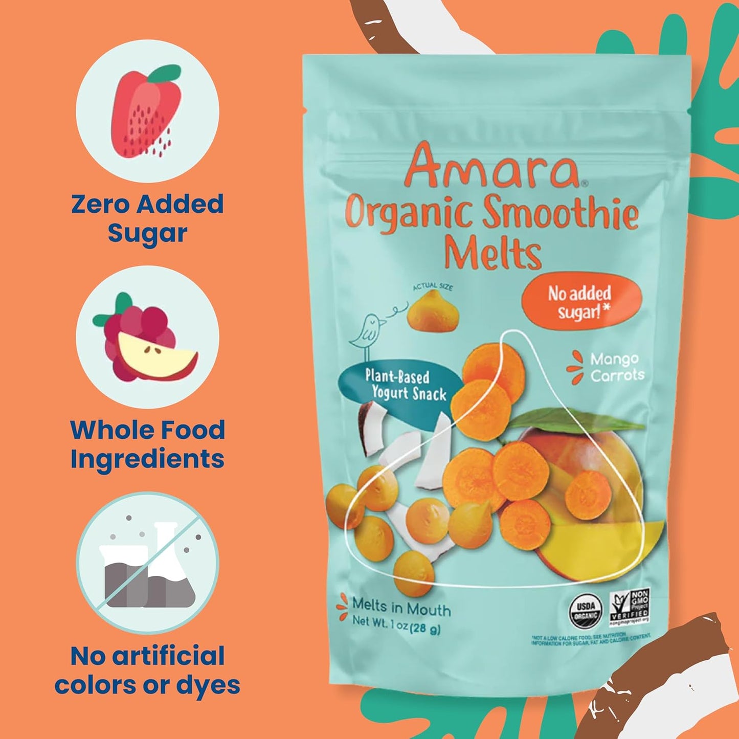 Amara Smoothie Melts - Mango Carrot - Organic Baby Snacks w/ Fruits & Veggies - Plant Based Yogurt Melts - Healthy Toddler Snack - Activity Book Included - Enjoy From 10+ Mos - 6 Resealable Bags