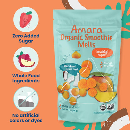 Amara Smoothie Melts - Mango Carrot - Organic Baby Snacks w/ Fruits & Veggies - Plant Based Yogurt Melts - Healthy Toddler Snack - Activity Book Included - Enjoy From 10+ Mos - 6 Resealable Bags