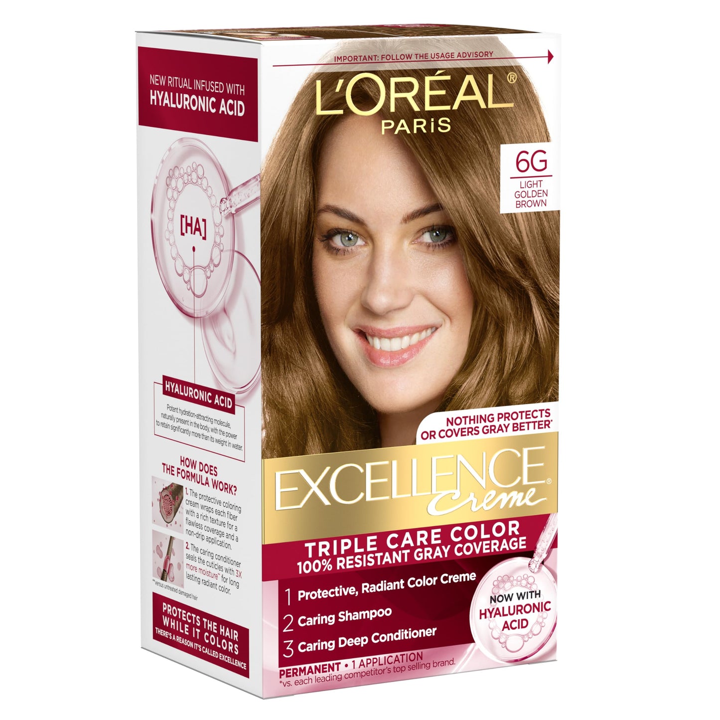 L'Oreal Paris Excellence Crème Permanent Hair Dye, Triple Care Hair Color with Hyaluronic Acid for 100% Gray Coverage, 4 Dark Brown, 1 Kit (Packaging May Vary)