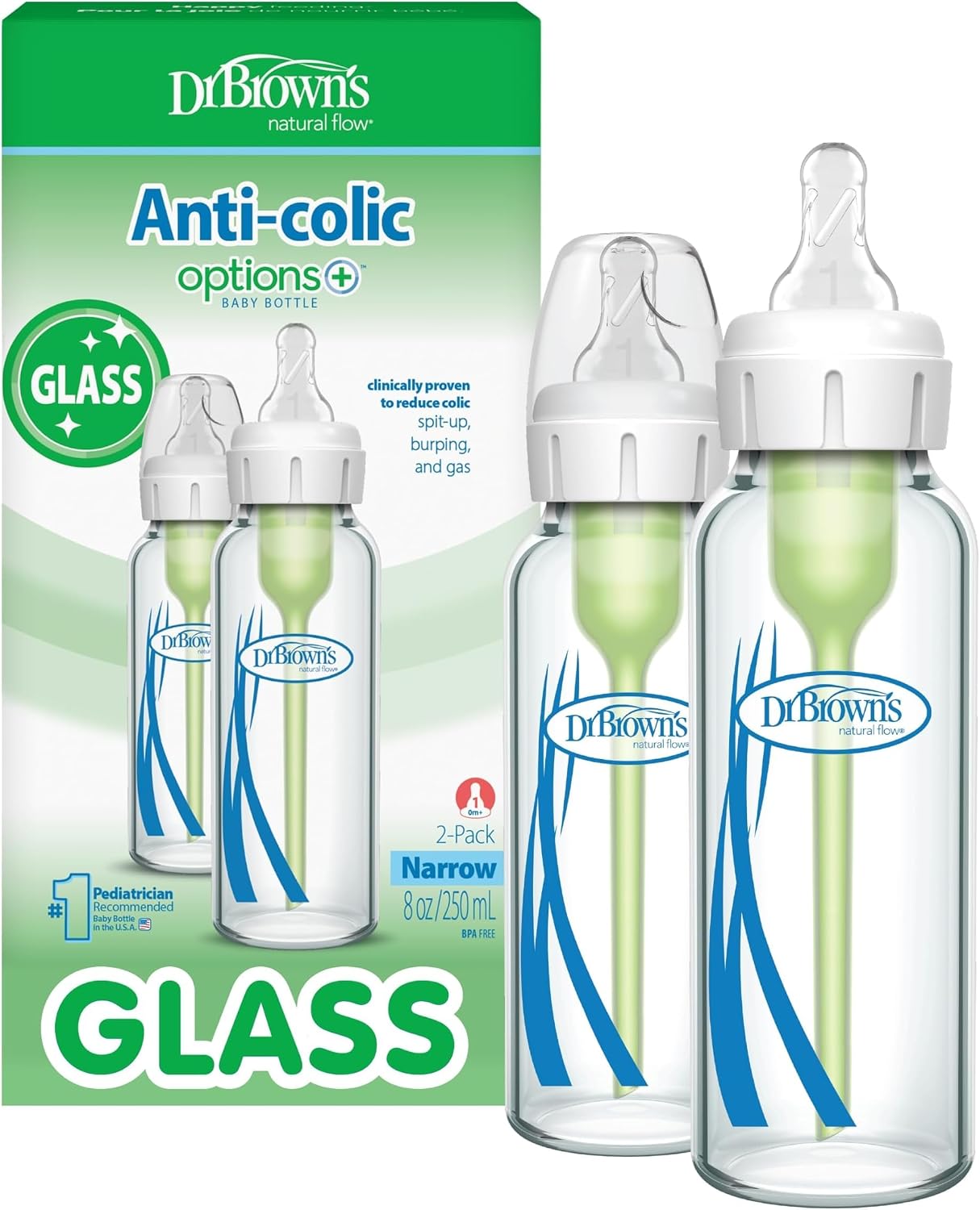 Dr. Brown's Anti-Colic Options+ Narrow Glass Baby Bottle, 8 oz, 1-Pack