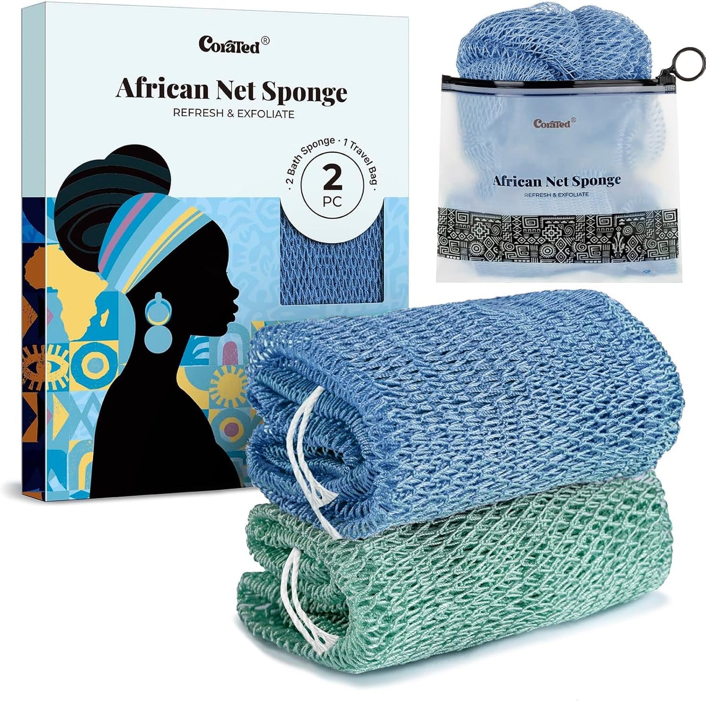 CORATED African Net Sponge with Knots Authentic, Shower Loofah Bath Sponge