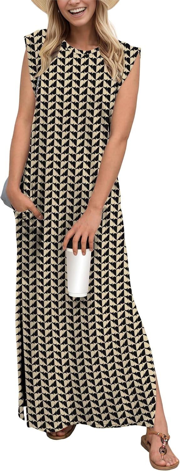 GRECERELLE 2026 Women Year-Round Casual Round Neck Loose Split Wrinkle-Free Long Maxi Vacation Dress with Pockets (XXS-4XL)