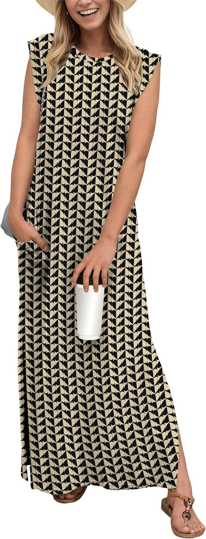 GRECERELLE 2026 Women Year-Round Casual Round Neck Loose Split Wrinkle-Free Long Maxi Vacation Dress with Pockets (XXS-4XL)