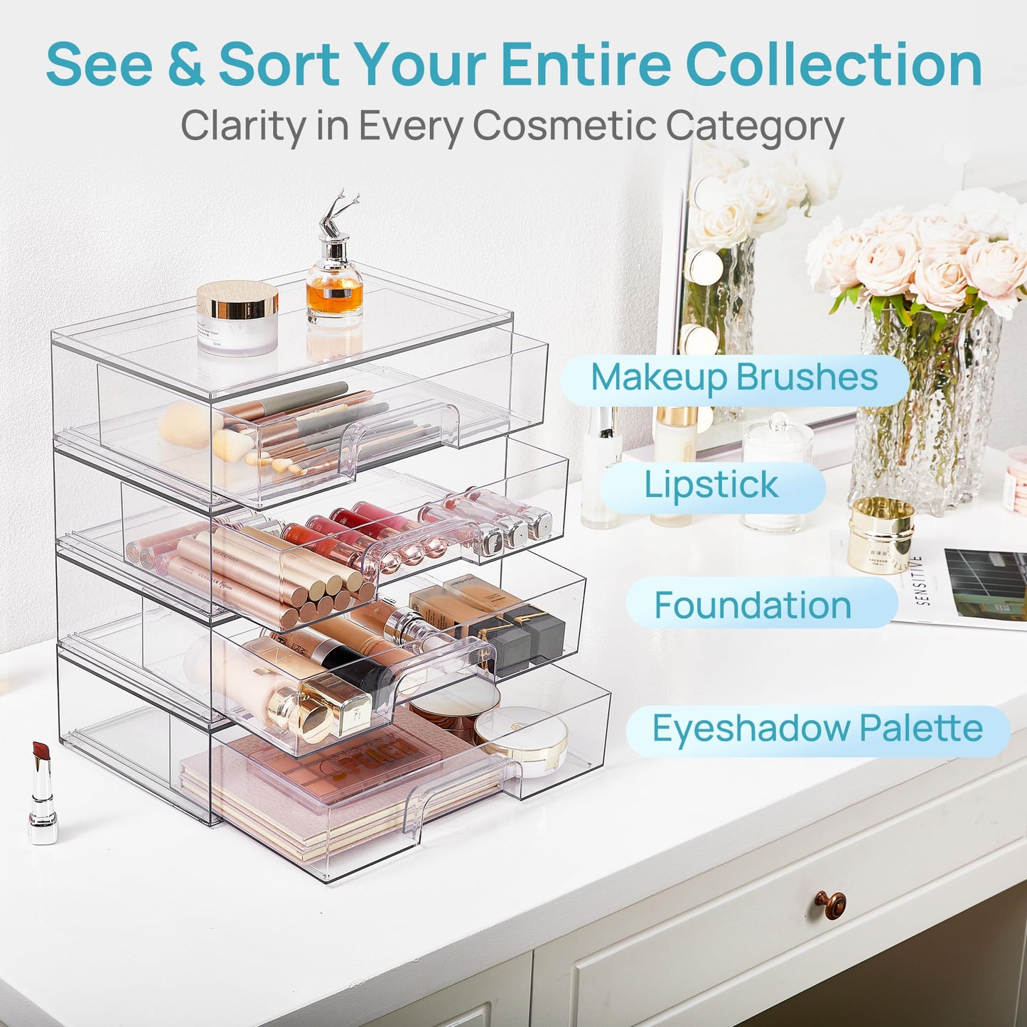 Vtopmart 2 Pack Small Clear Stackable Storage Drawers for Desk, Countertop