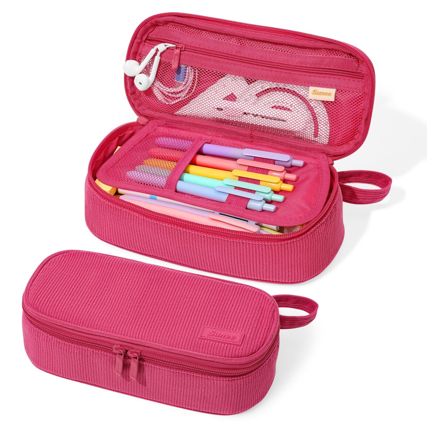 SUNEE Cute Pencil Case, Soft Corduroy Large Capacity Pencil Pouch, Aesthetic Zipper Pencil Bag, Big Storage Pen Organizer for Stationery, Pencil Box Back to School Supplies for Teen Girls Boys, Beige