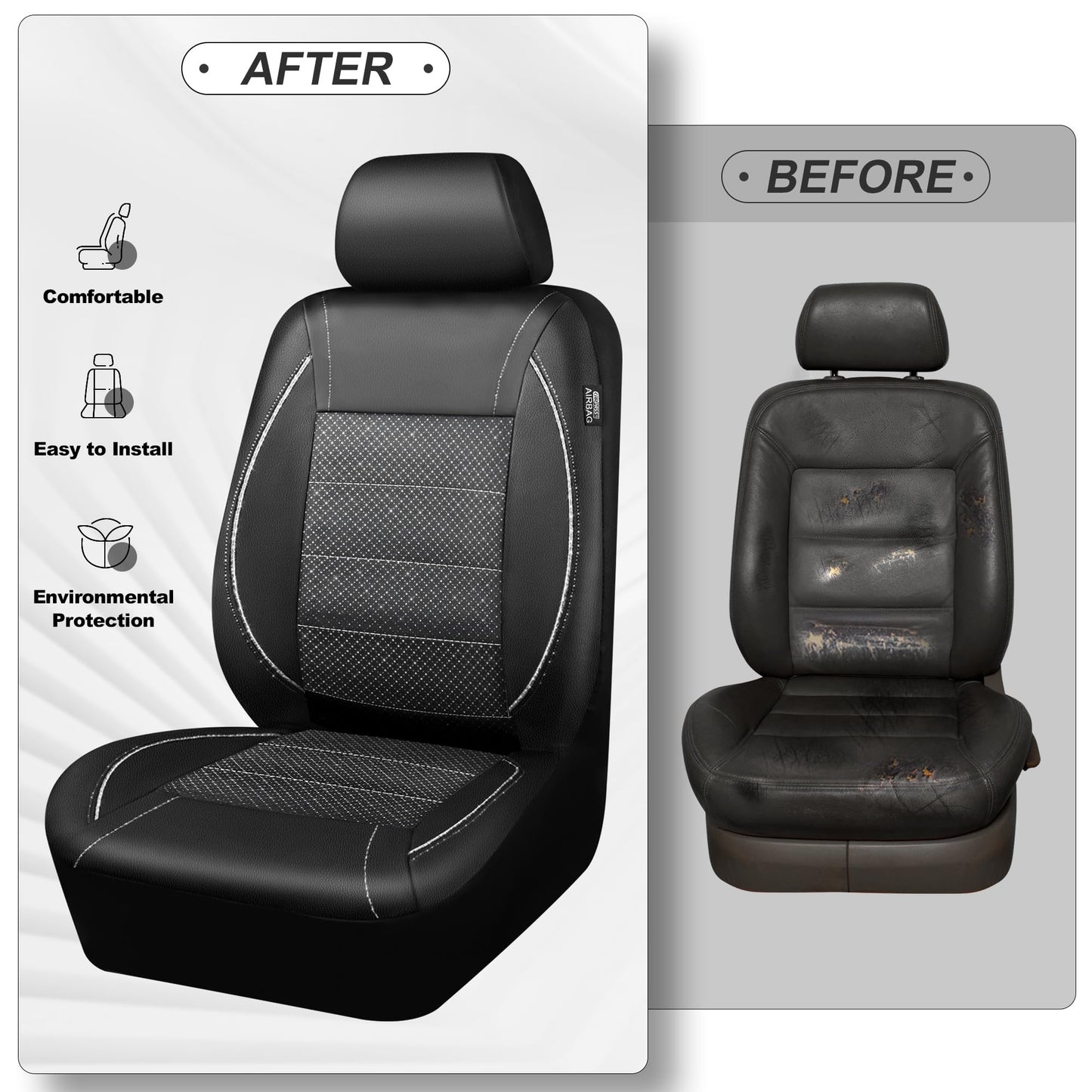 CAR PASS Universal FIT Piping Leather Car Seat Cover, for suvs,Van,Trucks,Airbag Compatible,Inside Zipper Design and Reserved Opening Holes (Full Set, Black and Red)