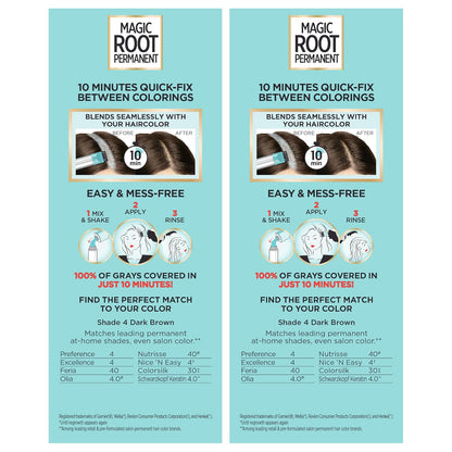 L'Oreal Paris Magic Root Permanent Hair Color Kit, 100% Gray Hair Coverage In Just 10 Minutes, Precision Brush Applicator for Seamless Application, 4 Dark Brown (2 Count)