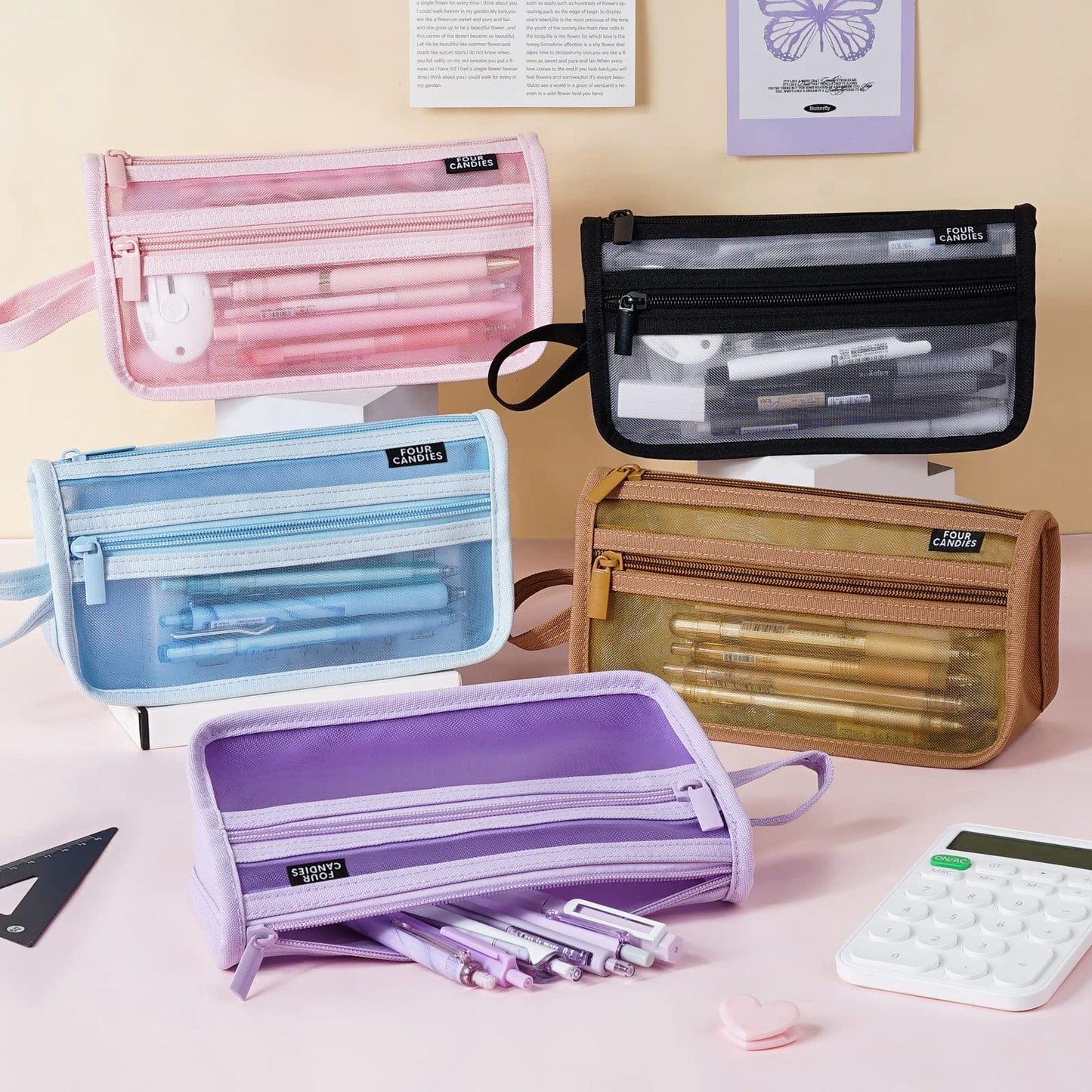 Four Candies Grid Mesh Pencil Case, Clear Double-layer with Handle (Purple)