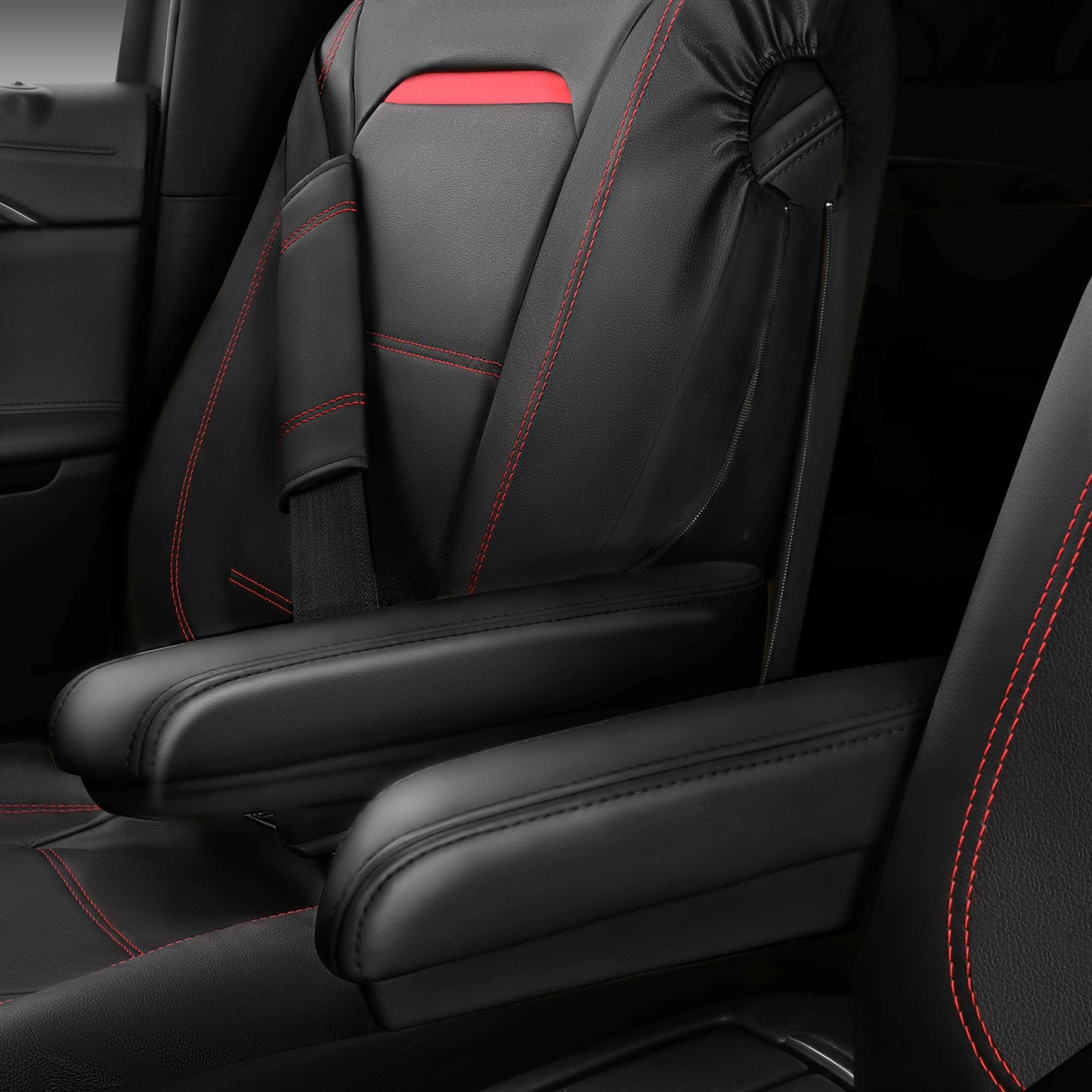 CAR PASS Universal FIT Piping Leather Car Seat Cover, for suvs,Van,Trucks,Airbag Compatible,Inside Zipper Design and Reserved Opening Holes (Full Set, Black and Red)
