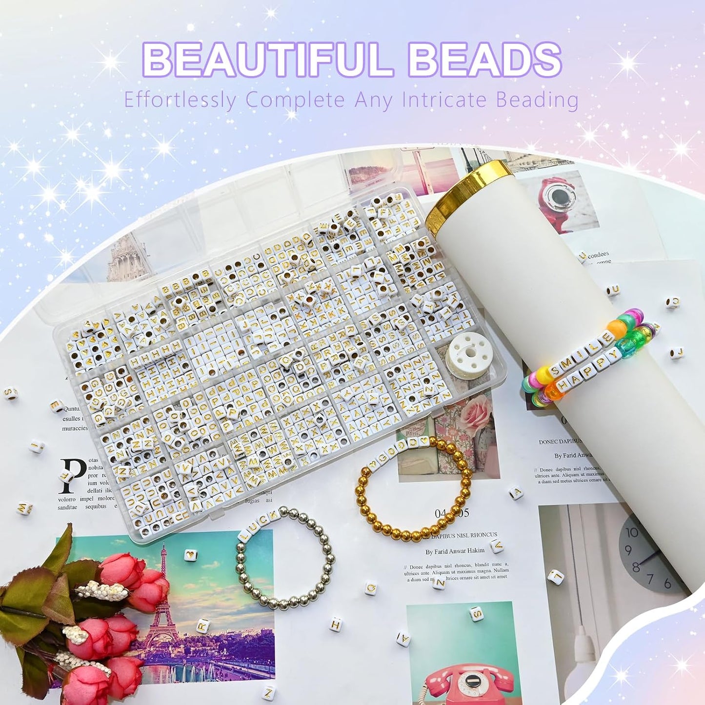 Looconi 810pcs Gold Letter Beads Square 6x6mm White Cube Acrylic Alphabet A-Z with Heart Pattern and Crystal Line for Jewelry Making