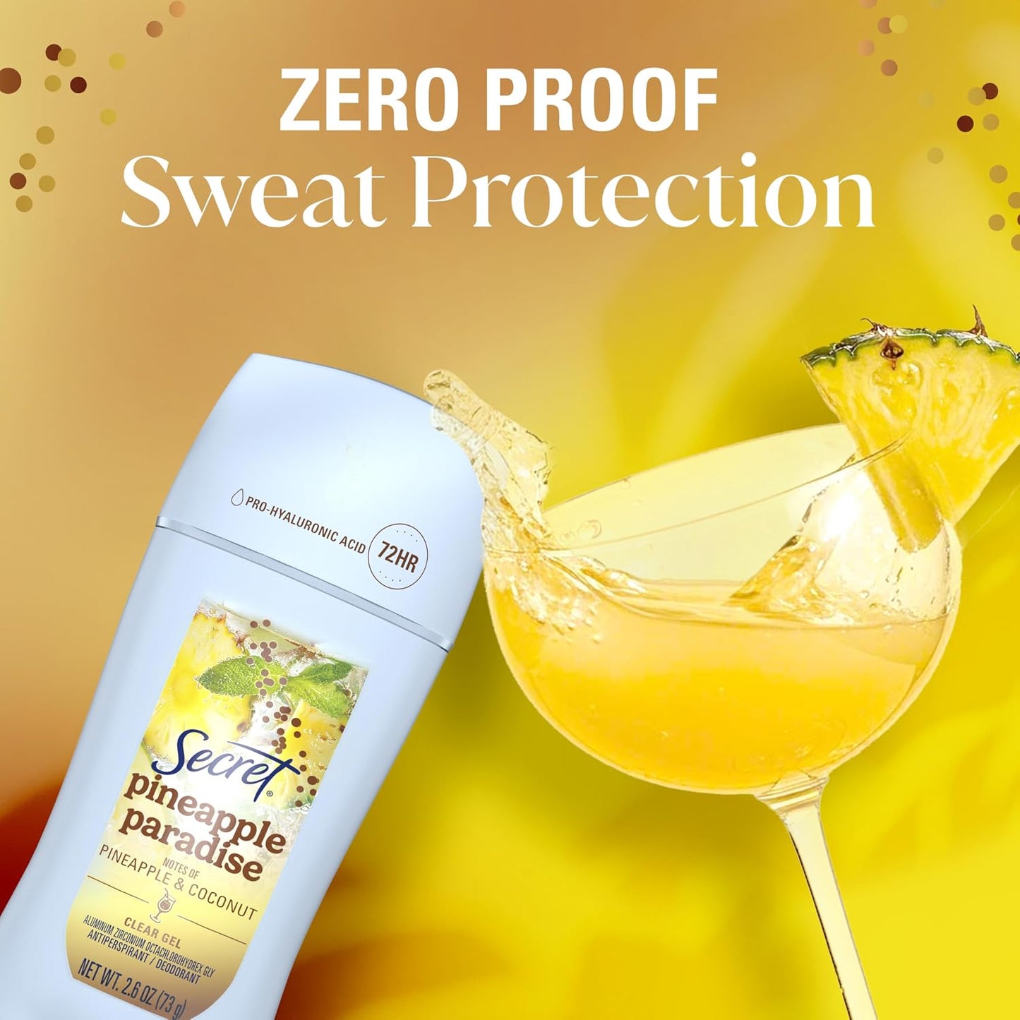 Secret Fresh Antiperspirant Deodorant for Women, 72hr Freshness on the Rocks with Pro-Hyaluronic Acid, Miami Mocktails Edition, Clear Gel, Pineapple Paradise with Pineapple & Coconut Scent, 2.6 oz