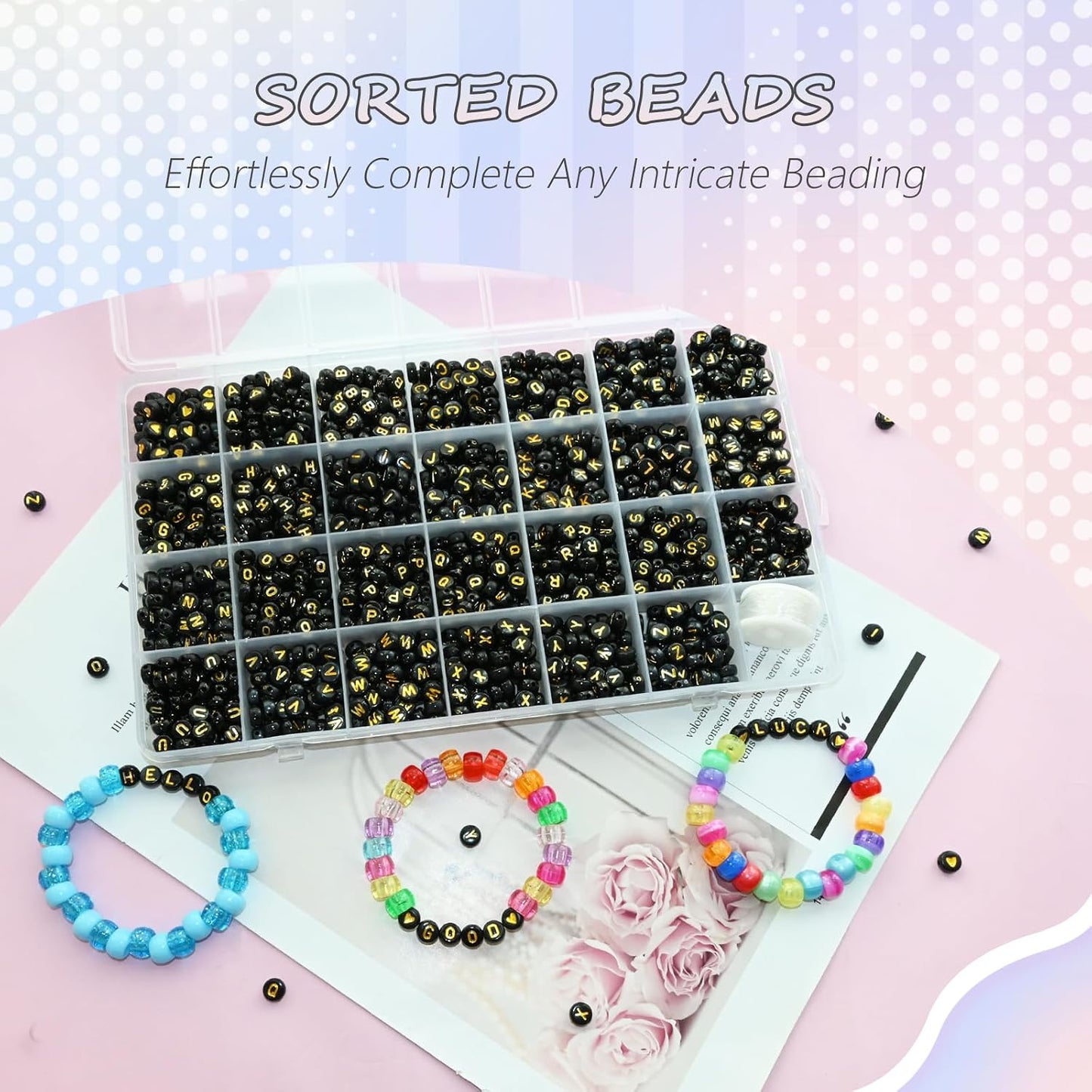 Looconi 810pcs Gold Letter Beads Square 6x6mm White Cube Acrylic Alphabet A-Z with Heart Pattern and Crystal Line for Jewelry Making