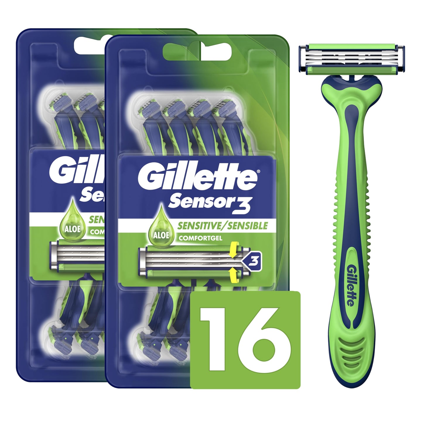Gillette Sensor3 Sensitive Men's Disposable Razor, 1 Razor - Case of 36