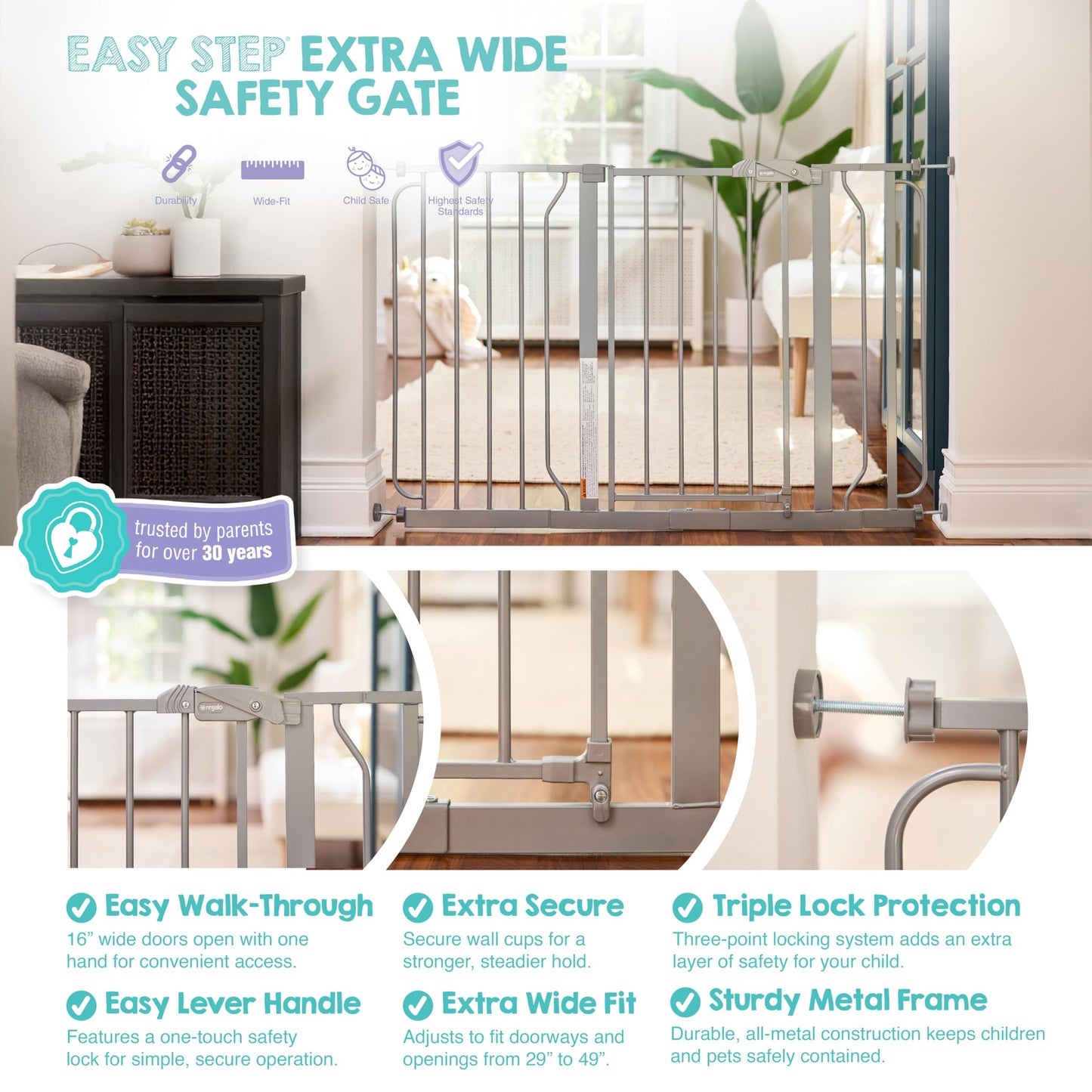 Regalo Safety 29"-38.5" Easy Step Baby Gate, Bottom of Stairs & Doorways