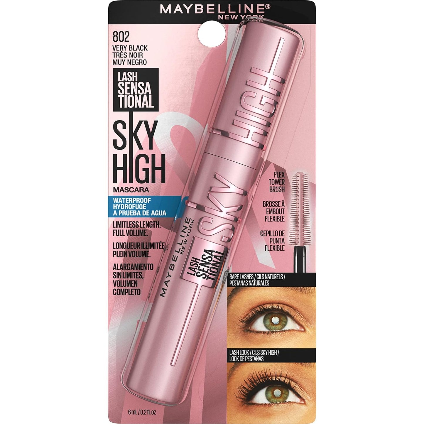Maybelline Lash Sensational Sky High Washable Mascara Makeup, Volumizing, Lengthening, Defining, Curling, Multiplying, Buildable Formula, Blackest Black, 1 Count