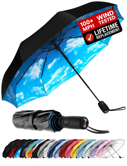 Windproof Travel Umbrella - Compact & Withstands Winds up to 100MPH, Strongest Premium Auto Folding Umbrella for Rain and Sun - Durable, Light & Portable for Women & Men, Fits Backpack & Cars