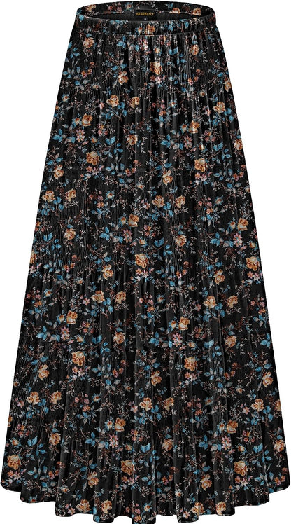 NASHALYLY Women's Chiffon Elastic High Waist Pleated A-Line Maxi Skirts