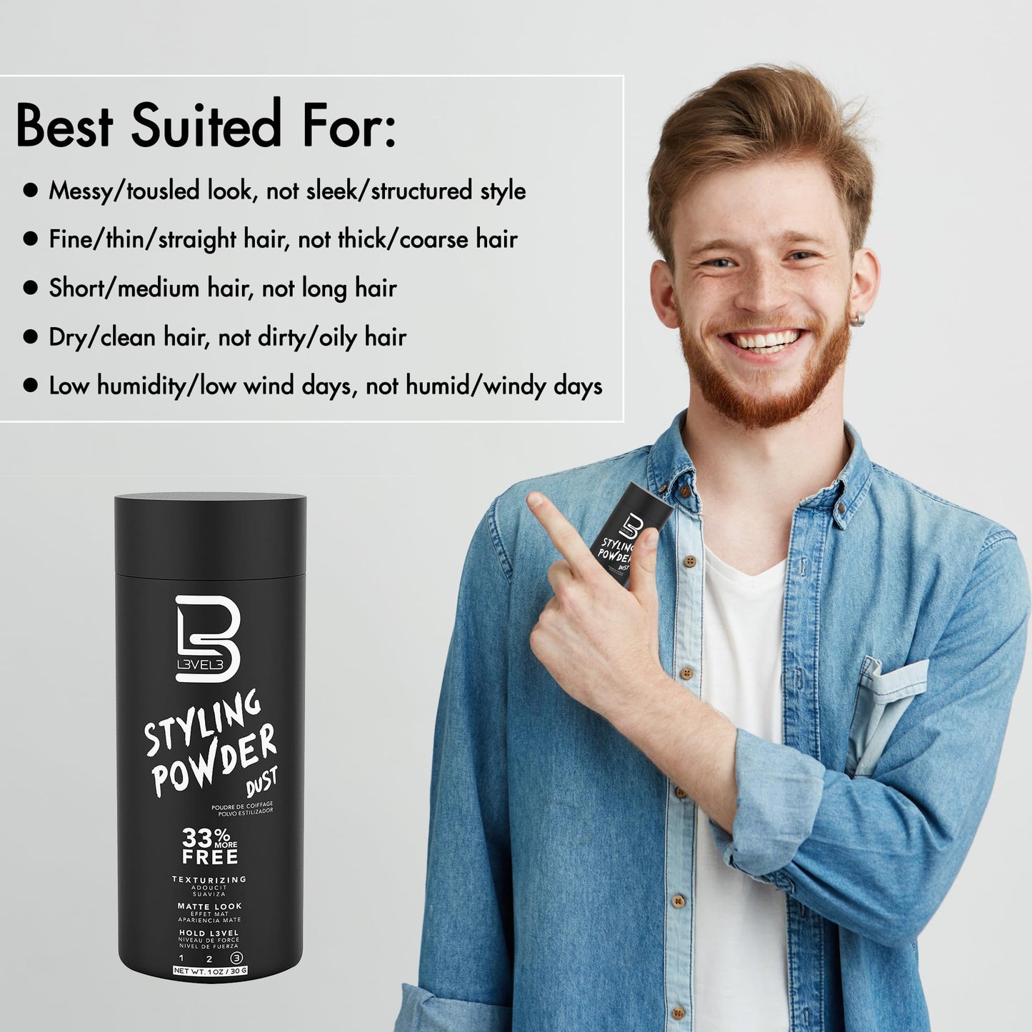 L3 Level 3 Hair Texture Powder for Men, Volume, Natural Look, 30 g