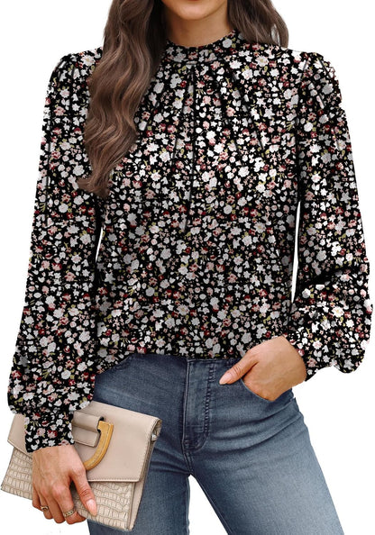 WIHOLL Long Sleeve Shirts for Women Mock Neck Tops Pleated Front Blouses Dressy Casual Spring Fall Clothes 2026 Fashion