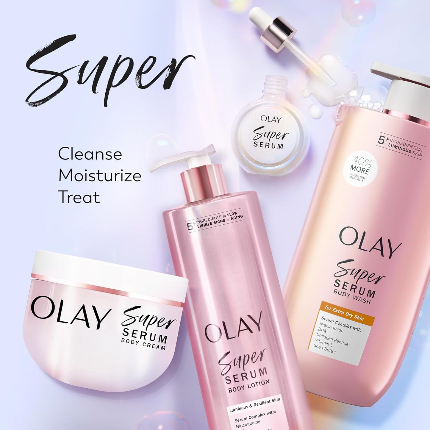 Olay Super Serum Body Wash for Extra Dry Skin, 24hr Long Lasting Rich Hydration, 5+ Ingredient Complex for Bright, Even, Firm, & Luminous Skin, with Collagen Peptide, Vitamin C & Shea Butter, 20 fl oz
