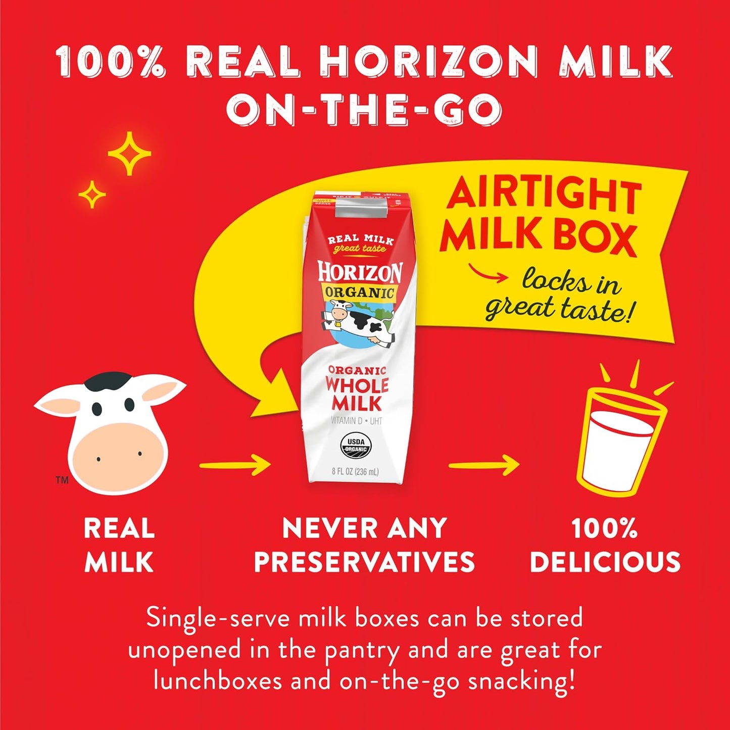 Horizon Organic Shelf Stable Whole Milk Boxes, Pack of 18-8g Protein per Serving