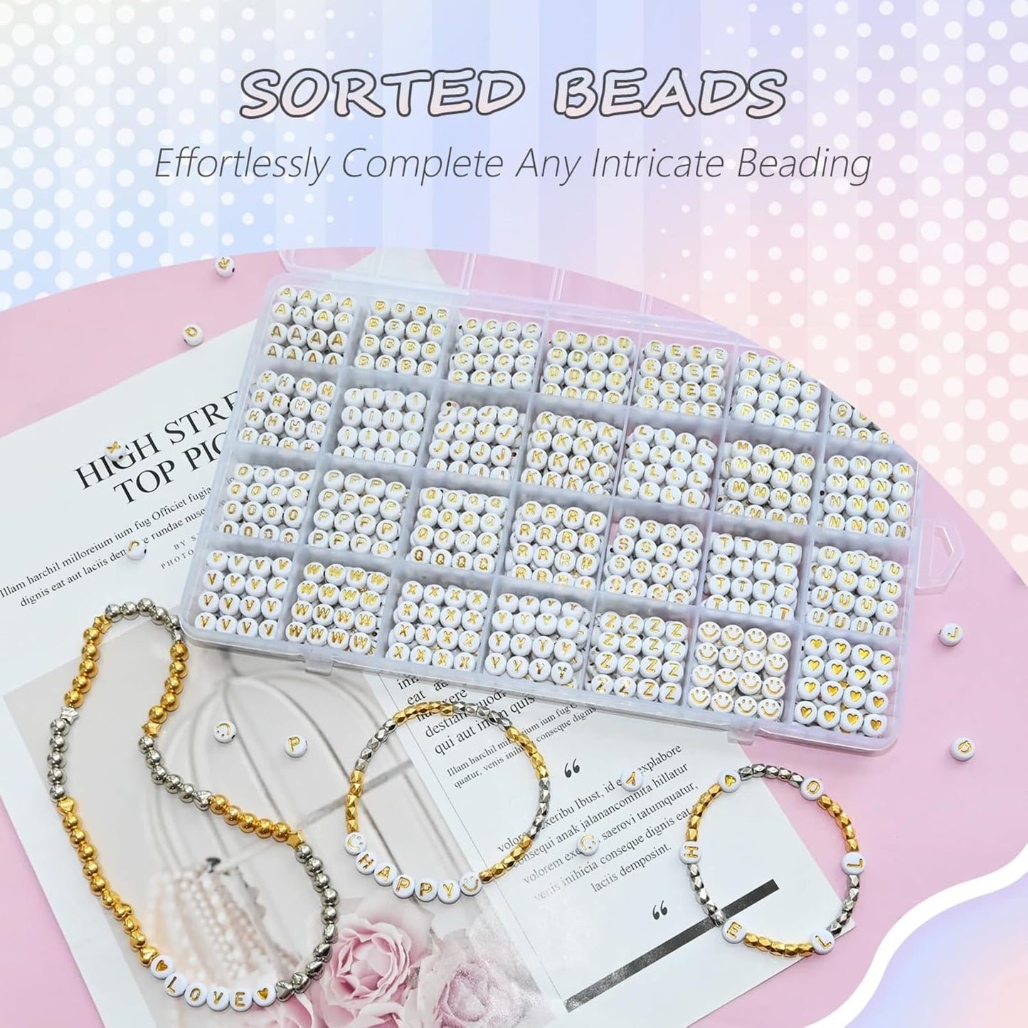 Looconi 810pcs Gold Letter Beads Square 6x6mm White Cube Acrylic Alphabet A-Z with Heart Pattern and Crystal Line for Jewelry Making