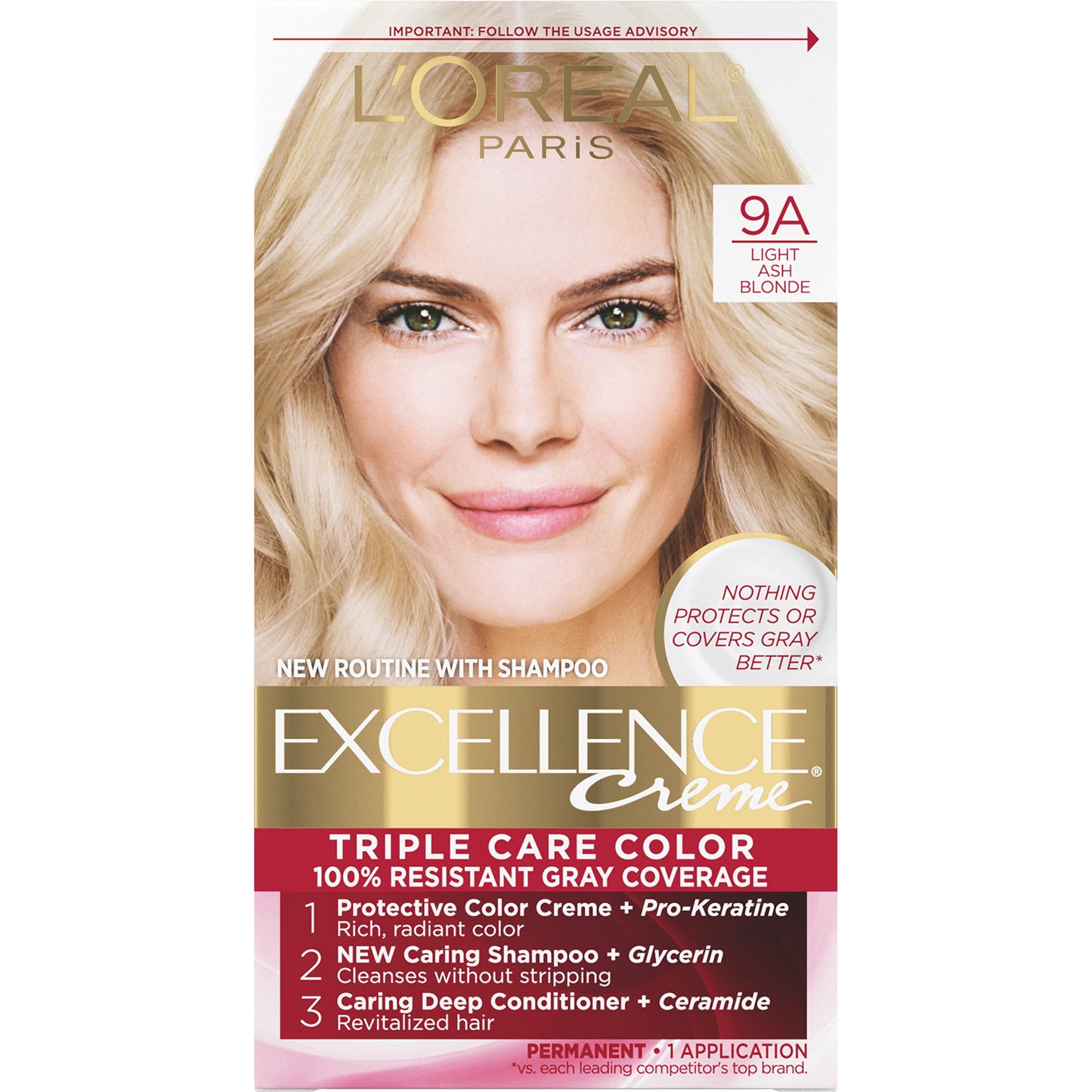 L'Oreal Paris Excellence Crème Permanent Hair Dye, Triple Care Hair Color with Hyaluronic Acid for 100% Gray Coverage, 4 Dark Brown, 1 Kit (Packaging May Vary)