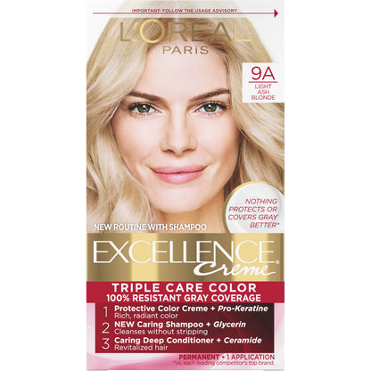 L'Oreal Paris Excellence Crème Permanent Hair Dye, Triple Care Hair Color with Hyaluronic Acid for 100% Gray Coverage, 4 Dark Brown, 1 Kit (Packaging May Vary)