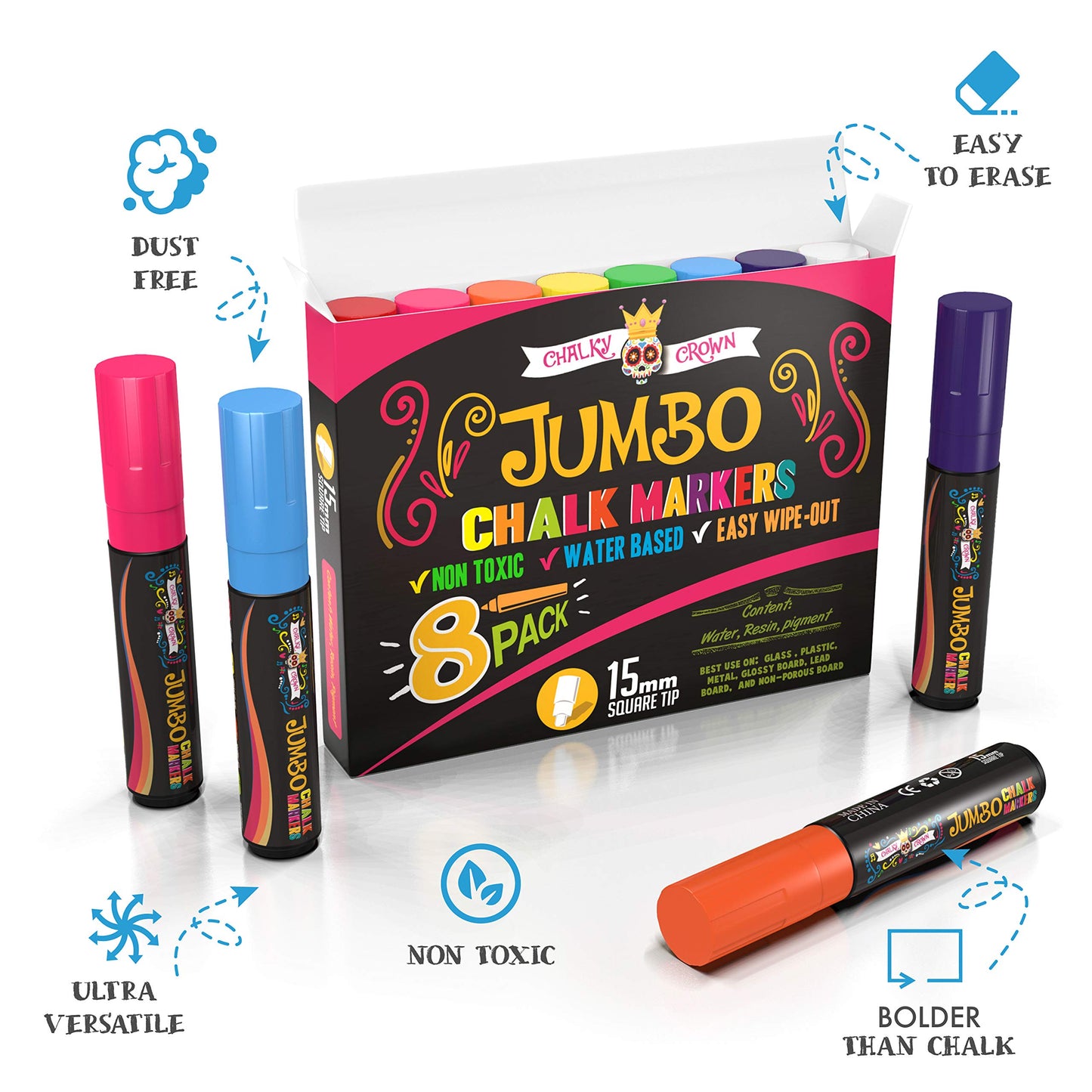 CHALKY CROWN Liquid Chalk Markers - Bold Chalkboard Markers - 8 Pack, 6mm