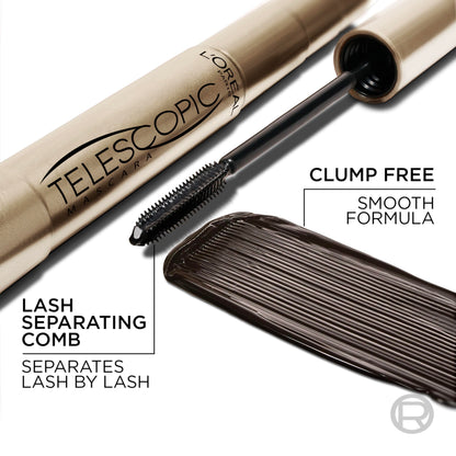 L’Oreal Paris Makeup Original Telescopic Mascara, Separating Mascara Volume and Length Formula, Washable, Blackest Black, 0.27 Fl Oz., 1 Count