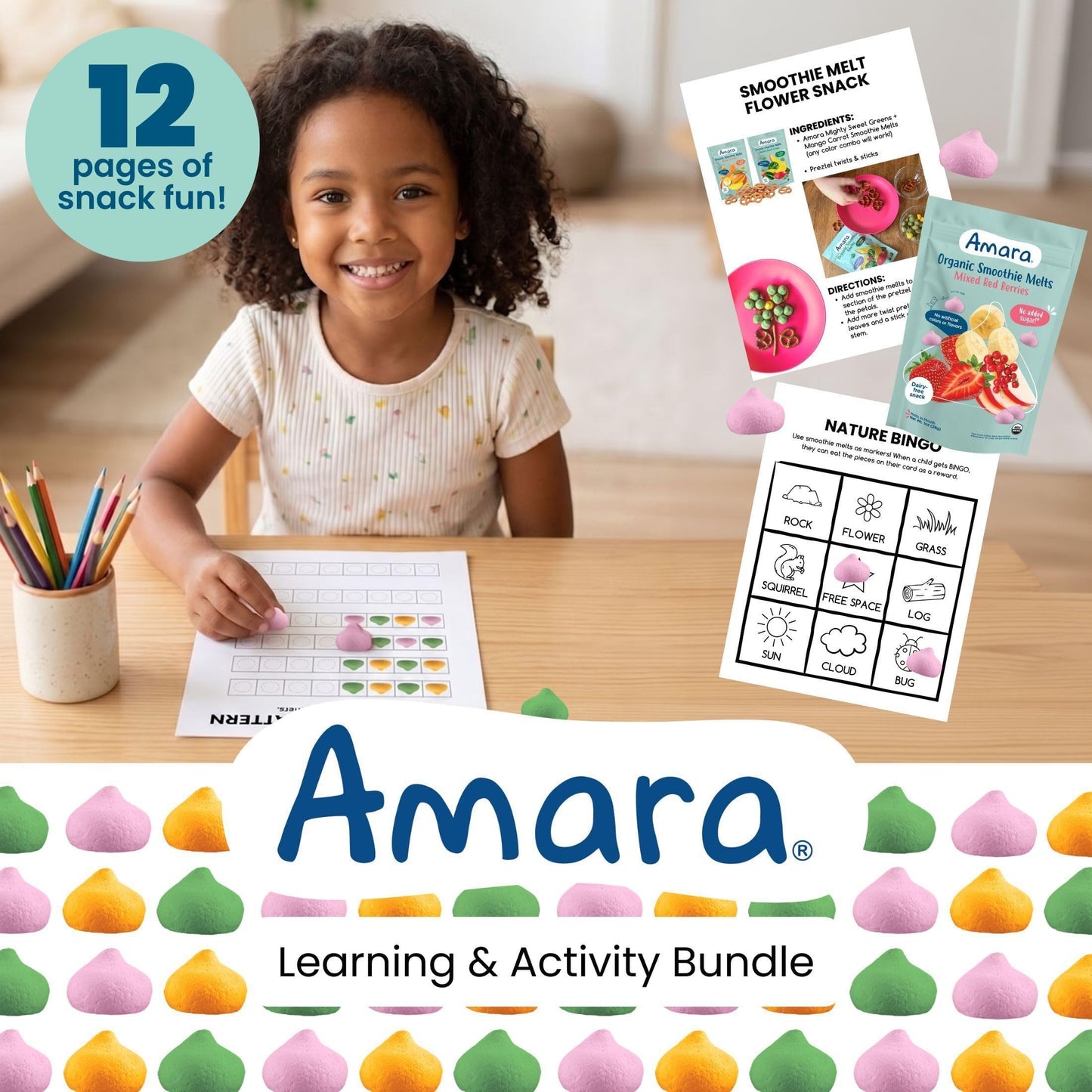 Amara Smoothie Melts - Mango Carrot - Organic Baby Snacks w/ Fruits & Veggies - Plant Based Yogurt Melts - Healthy Toddler Snack - Activity Book Included - Enjoy From 10+ Mos - 6 Resealable Bags