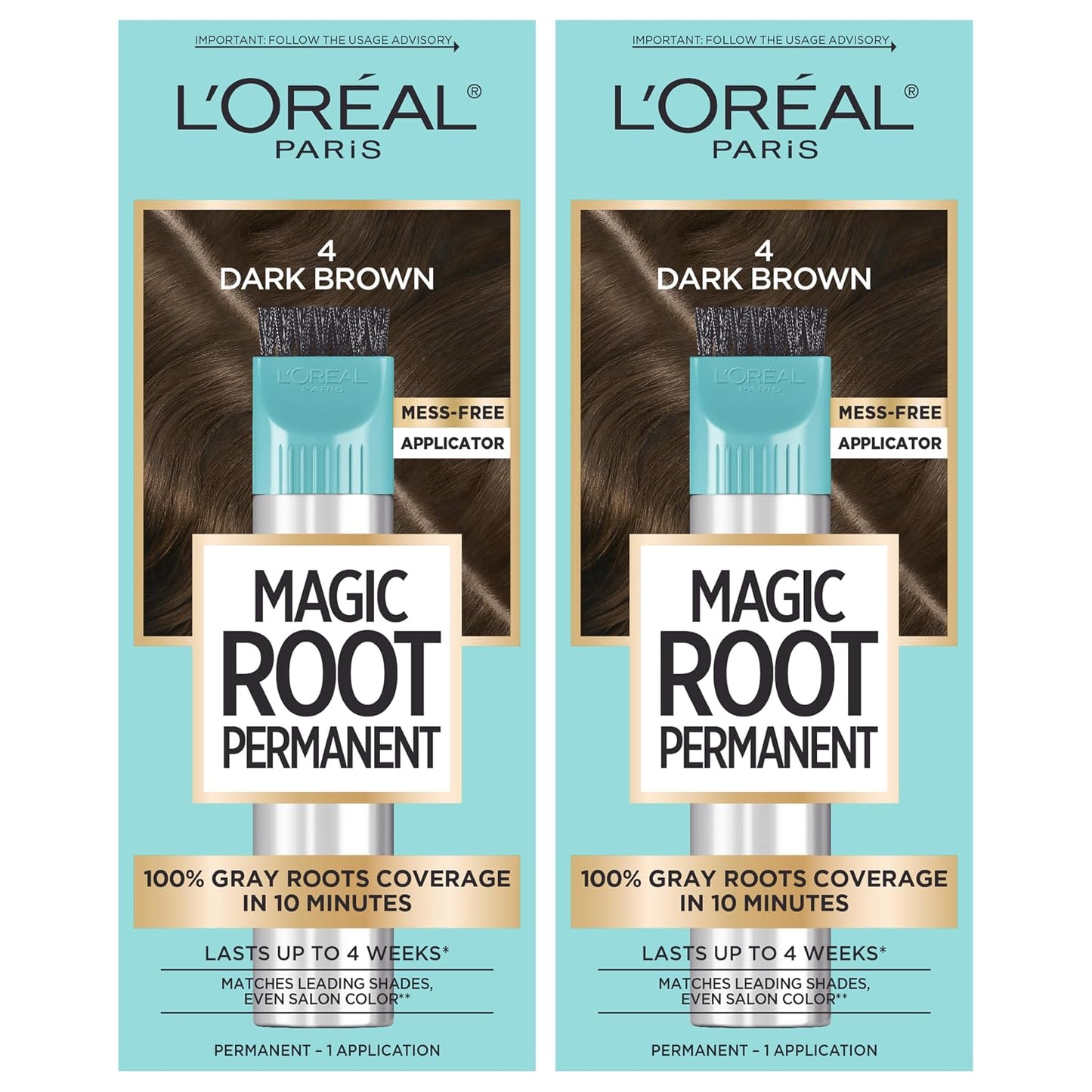 L'Oreal Paris Magic Root Permanent Hair Color Kit, 100% Gray Hair Coverage In Just 10 Minutes, Precision Brush Applicator for Seamless Application, 4 Dark Brown (2 Count)